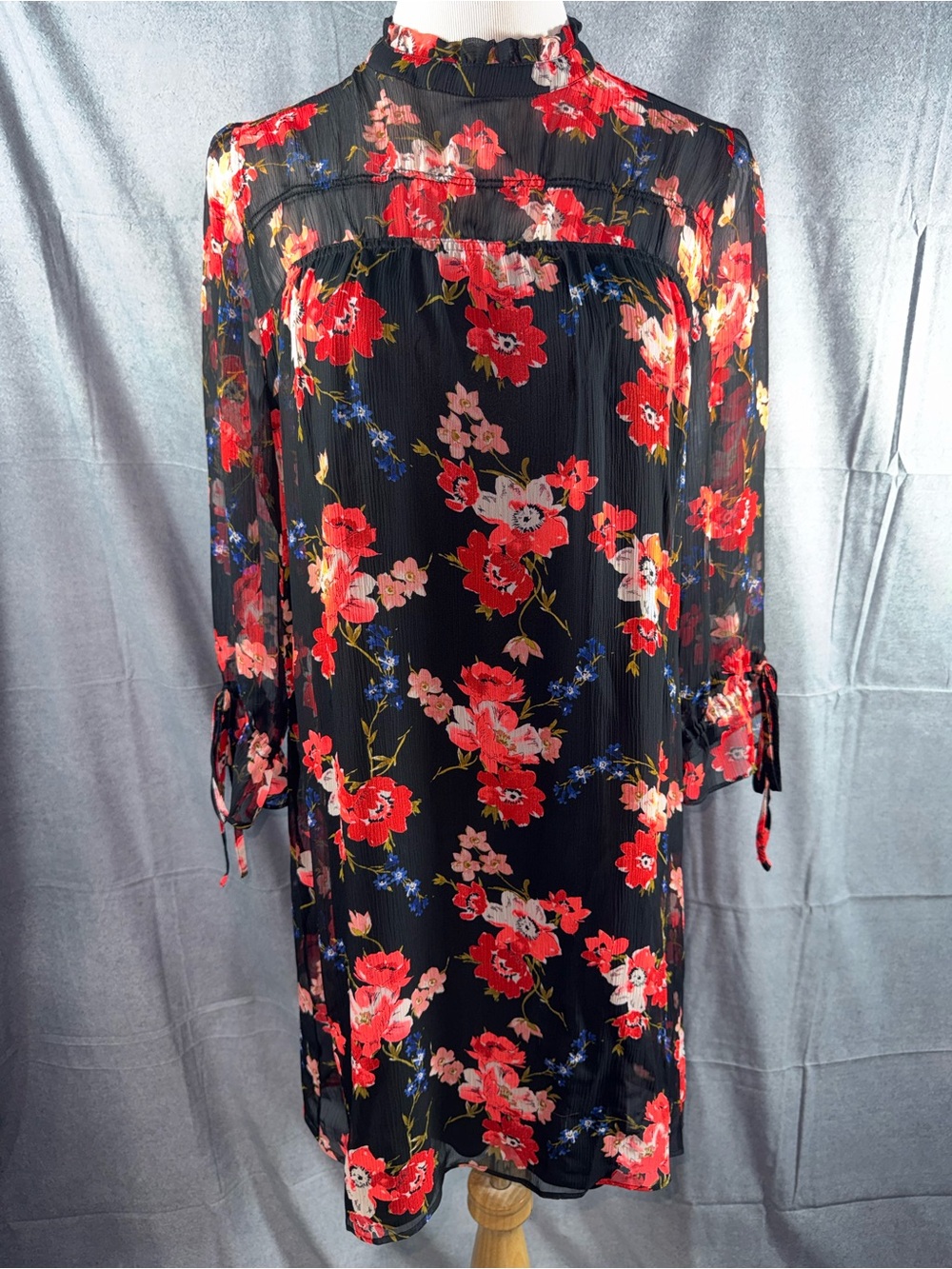2454-Express Black Floral Long Sleeve Dress with Red & Pink Blooms